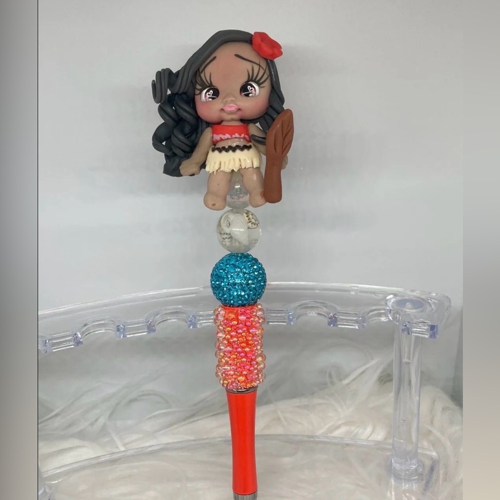 Bright Orange Pen with Cute Clay Doll Moana Topper
